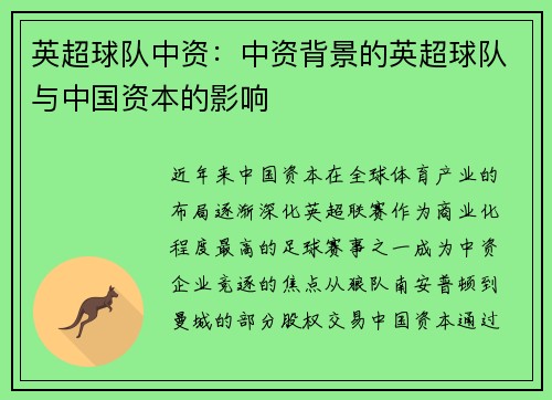 英超球队中资：中资背景的英超球队与中国资本的影响