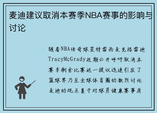 麦迪建议取消本赛季NBA赛事的影响与讨论