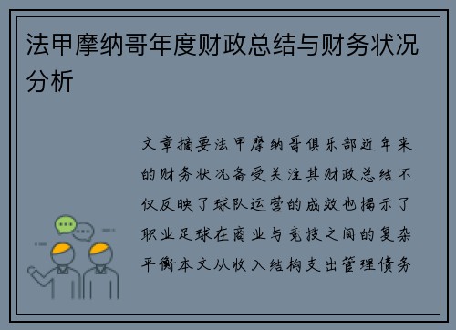 法甲摩纳哥年度财政总结与财务状况分析
